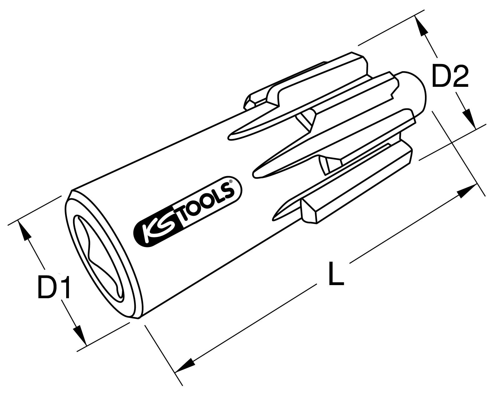 Zylindrisches Werkzeug mit aufgesetzten Flügeln; Maße: Durchmesser 1 (D1), Durchmesser 2 (D2), Länge (L); Marke 'KS Tools'.