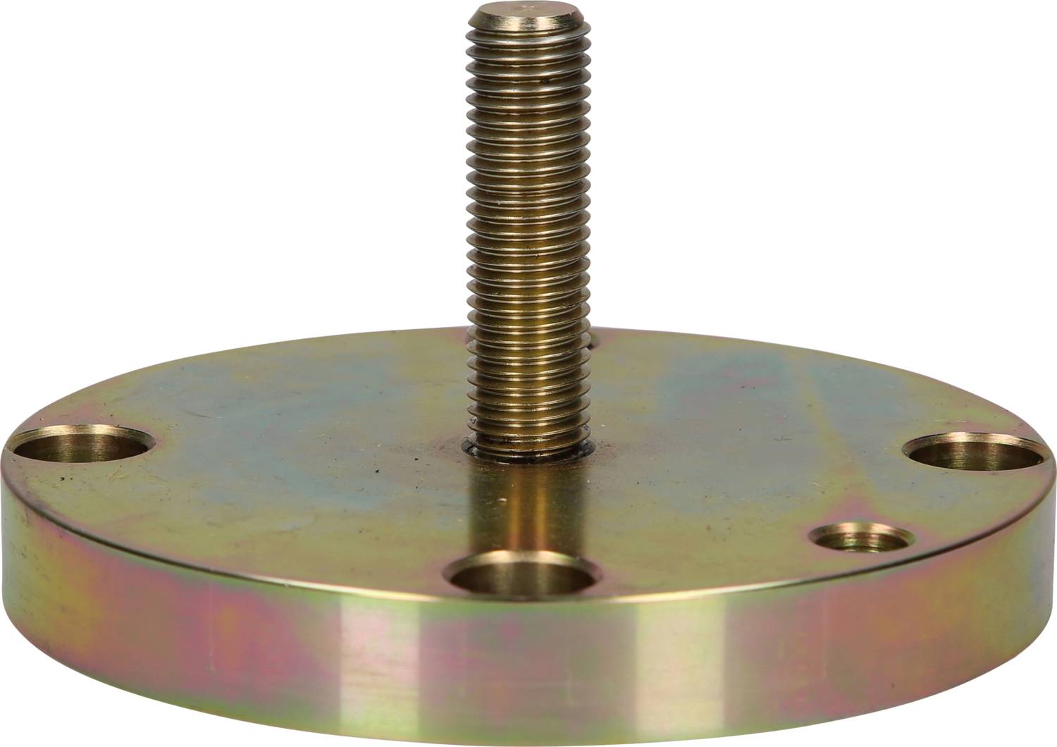 Eine runde, metallen beschichtete Basis mit einem zentralen, aufrechten Gewindebolzen und vier Schraubenlöchern für Befestigungszwecke.