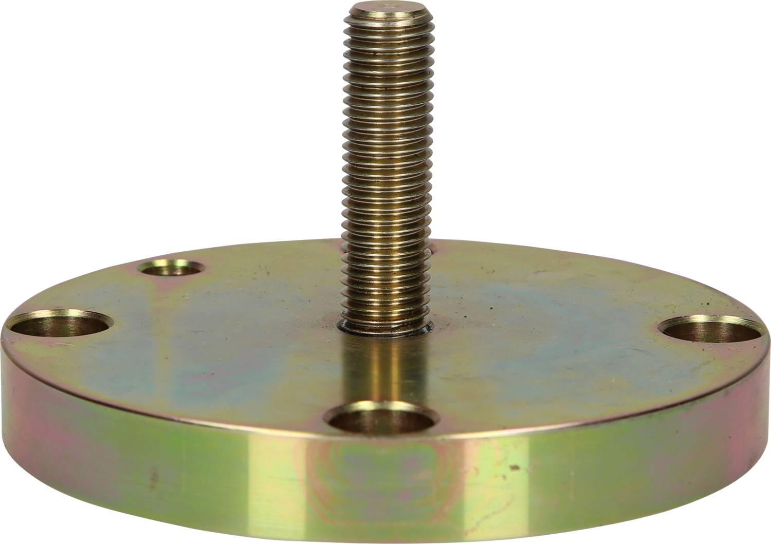 Runde Metallplatte mit einem zentralen Schraubbolzen und vier Bohrlöchern auf einer flachen Oberfläche.