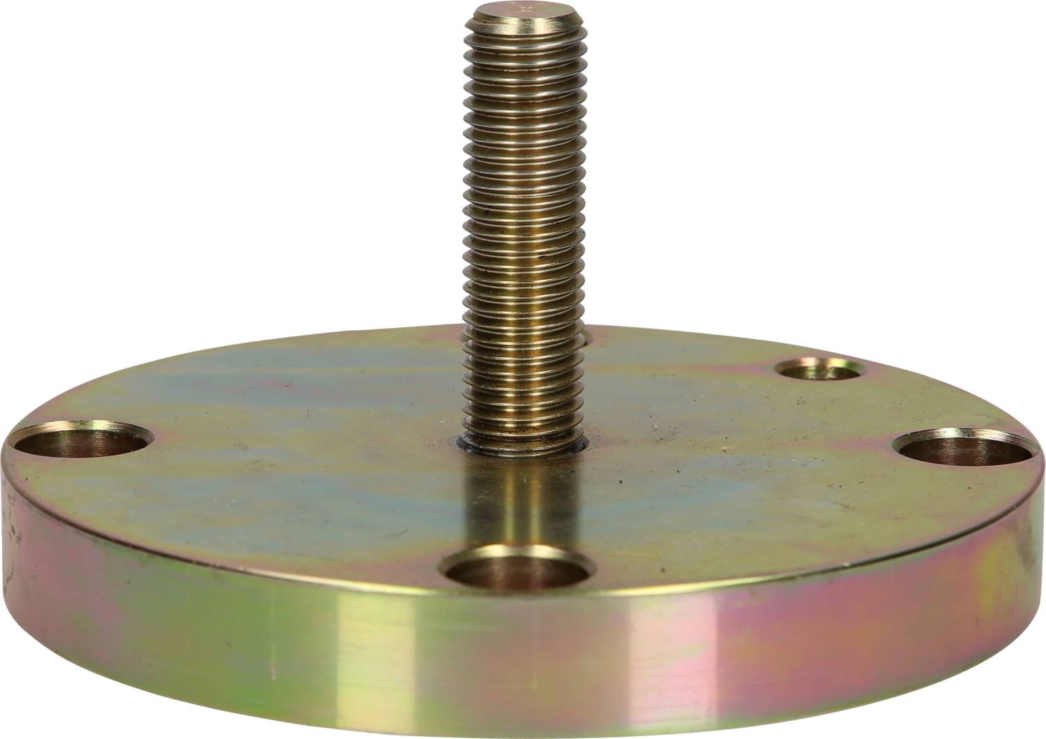 Runde Metallplatte mit einem hervorstehenden Gewindebolzen in der Mitte und vier Bohrungen an den Rändern für die Befestigung.