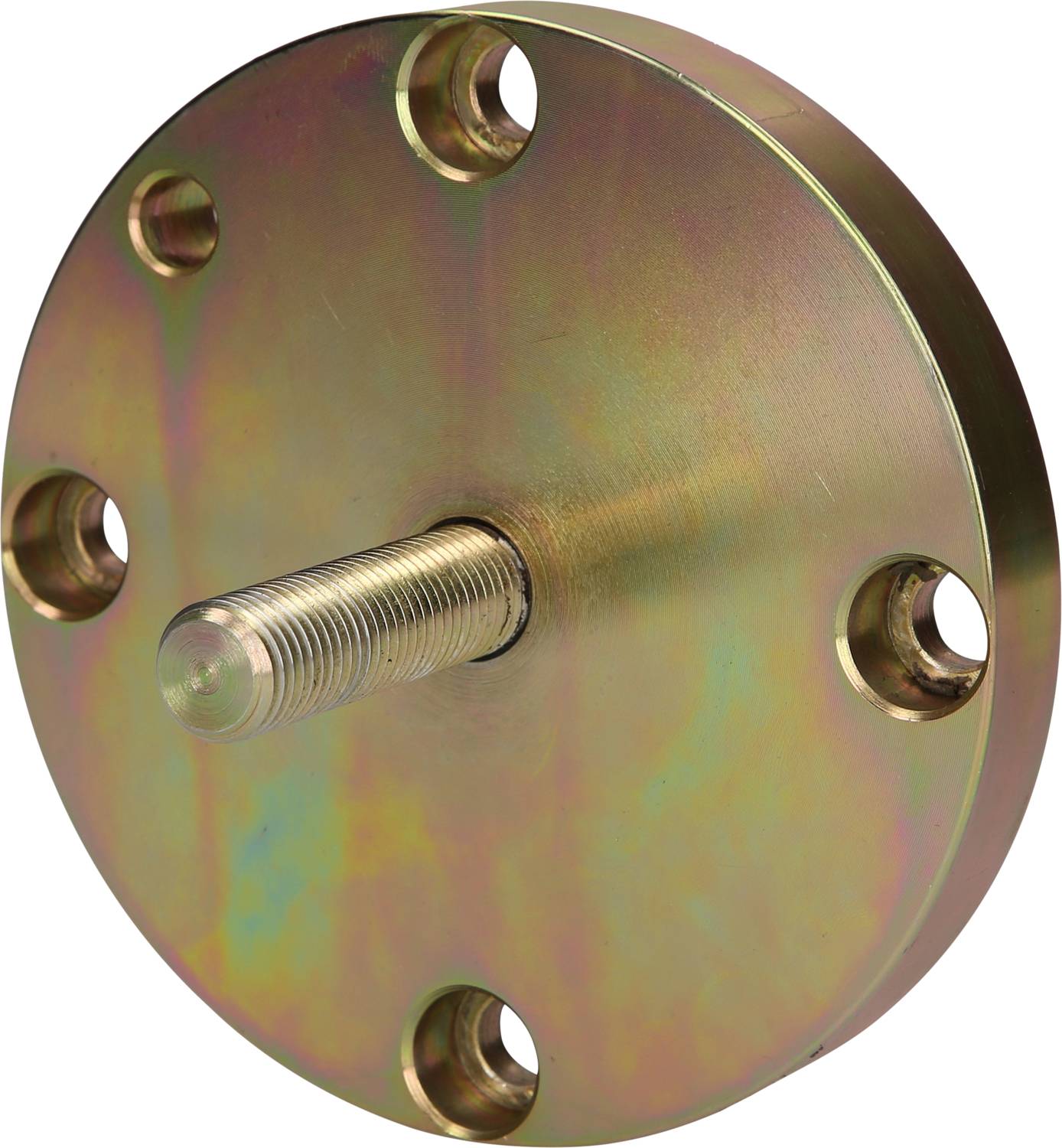 Eine metallische, runde Platte mit fünf Löchern und einer zentralen Befestigungsachse; Oberfläche in Regenbogenfarben schimmernd.
