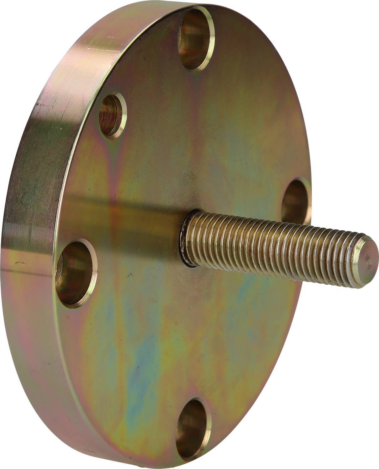 Runde, metallische Scheibe mit zentralem Gewindestift und vier Löchern am Rand. Geeignet für mechanische Befestigungen.