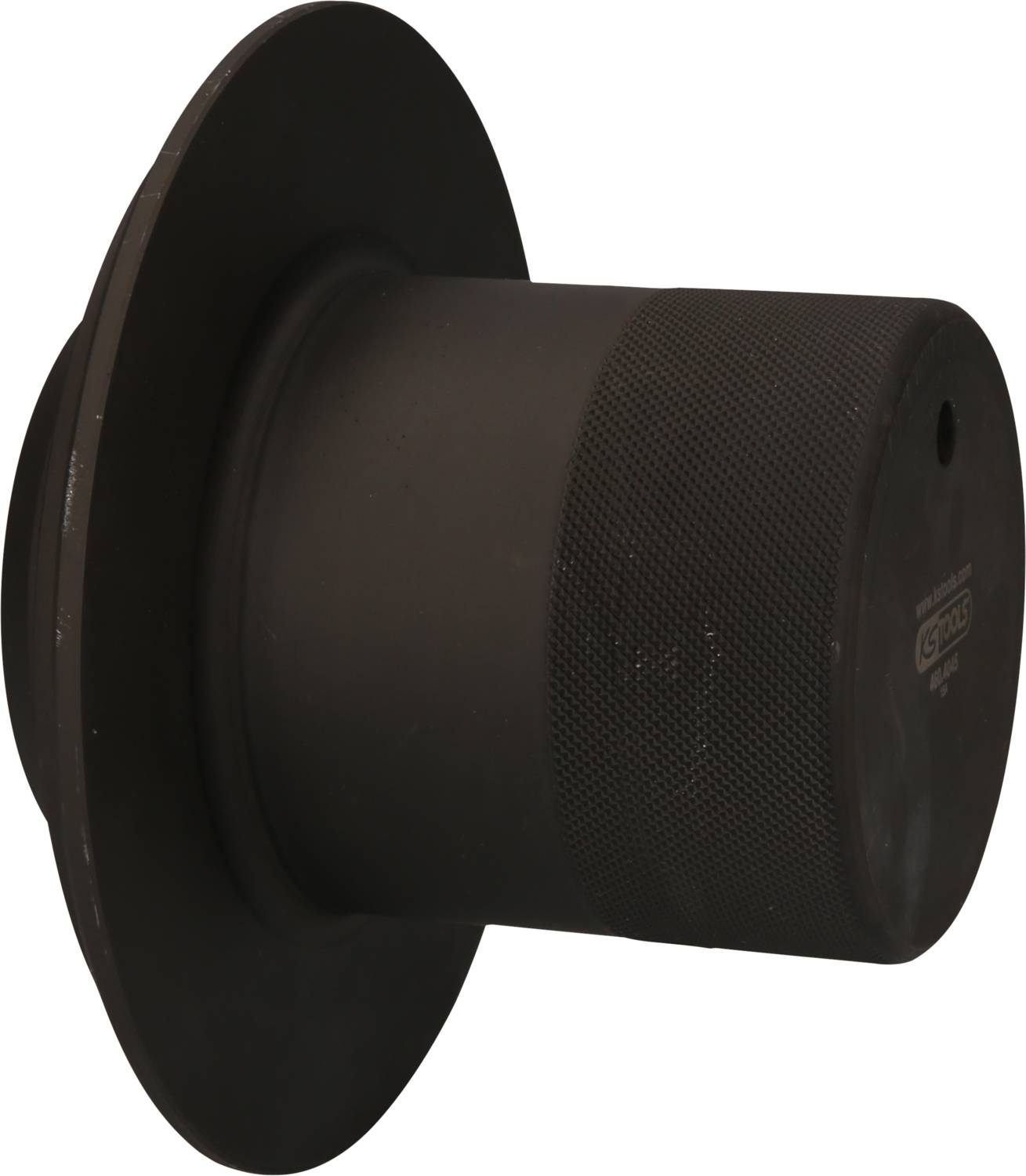 Schwarzes zylindrisches Metallteil mit geriffelter Oberfläche und breitem Flansch, möglicherweise ein technisches Maschinenelement.