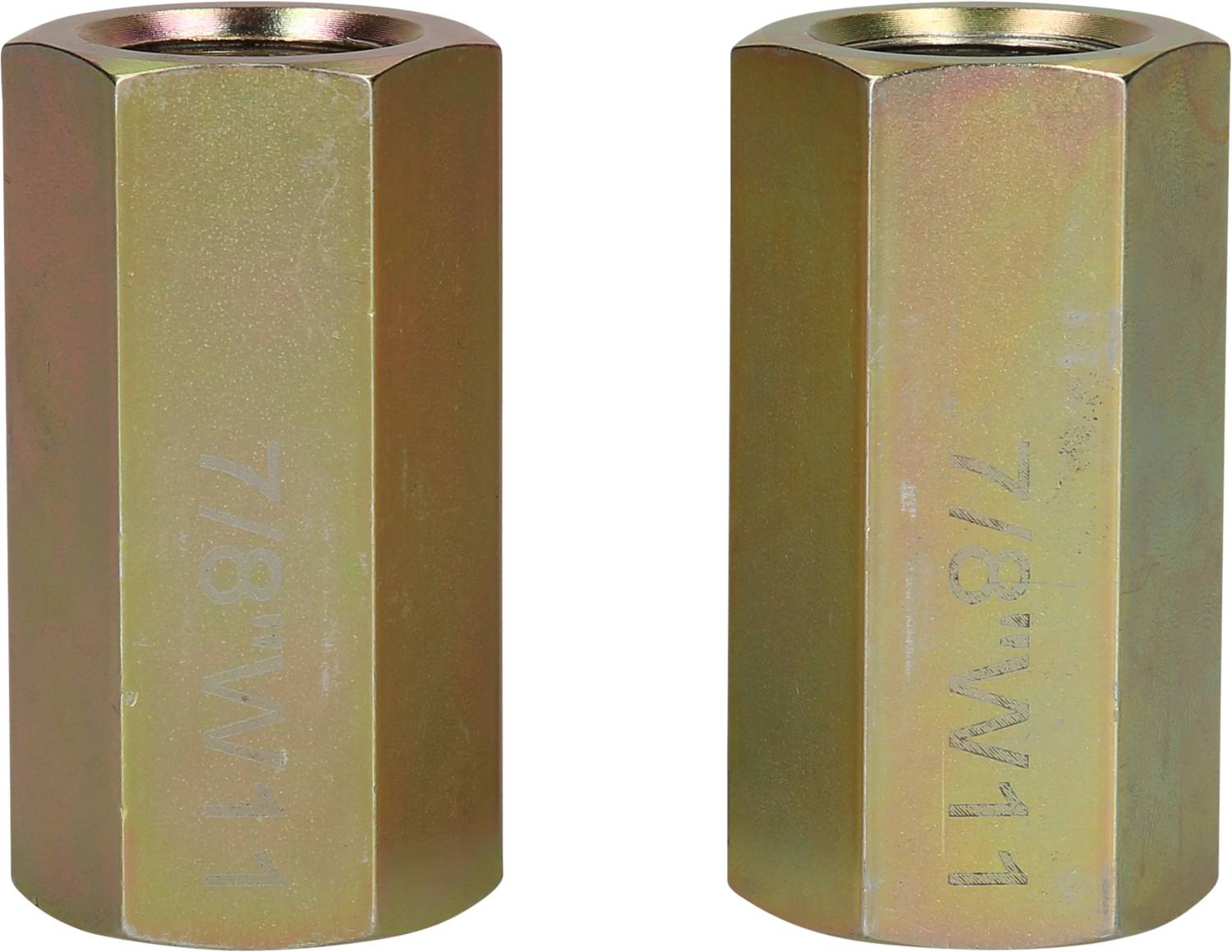 Zwei gleich große Sechskantmutterverbinder aus Metall mit der Aufschrift '7/8-11'. Beide sind goldfarben und haben eine glatte Oberfläche.