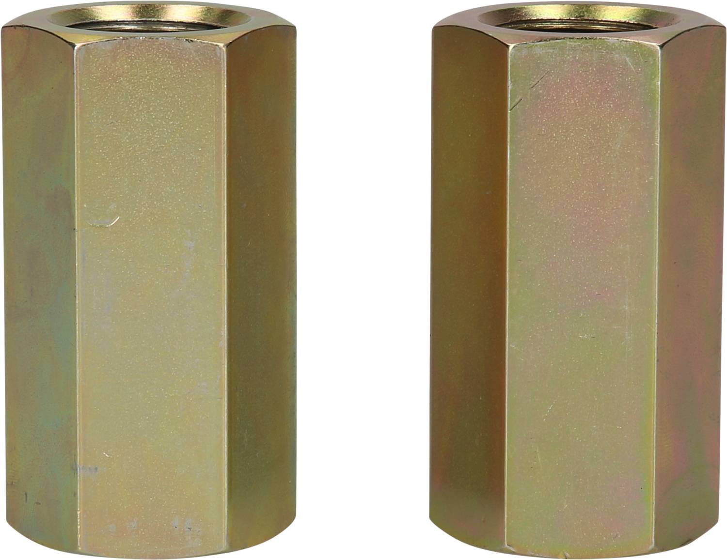 Zwei metallische Sechskantmuttern nebeneinander vor weißem Hintergrund.