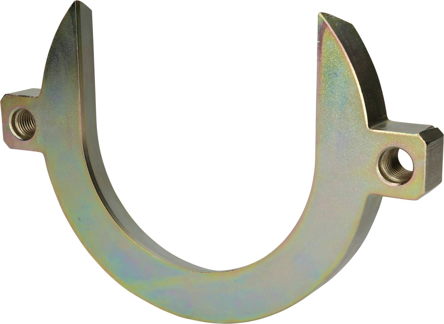 Ein gebogenes Metallstück mit zwei Löchern an den Enden, möglicherweise eine Halterung oder ein Befestigungselement.