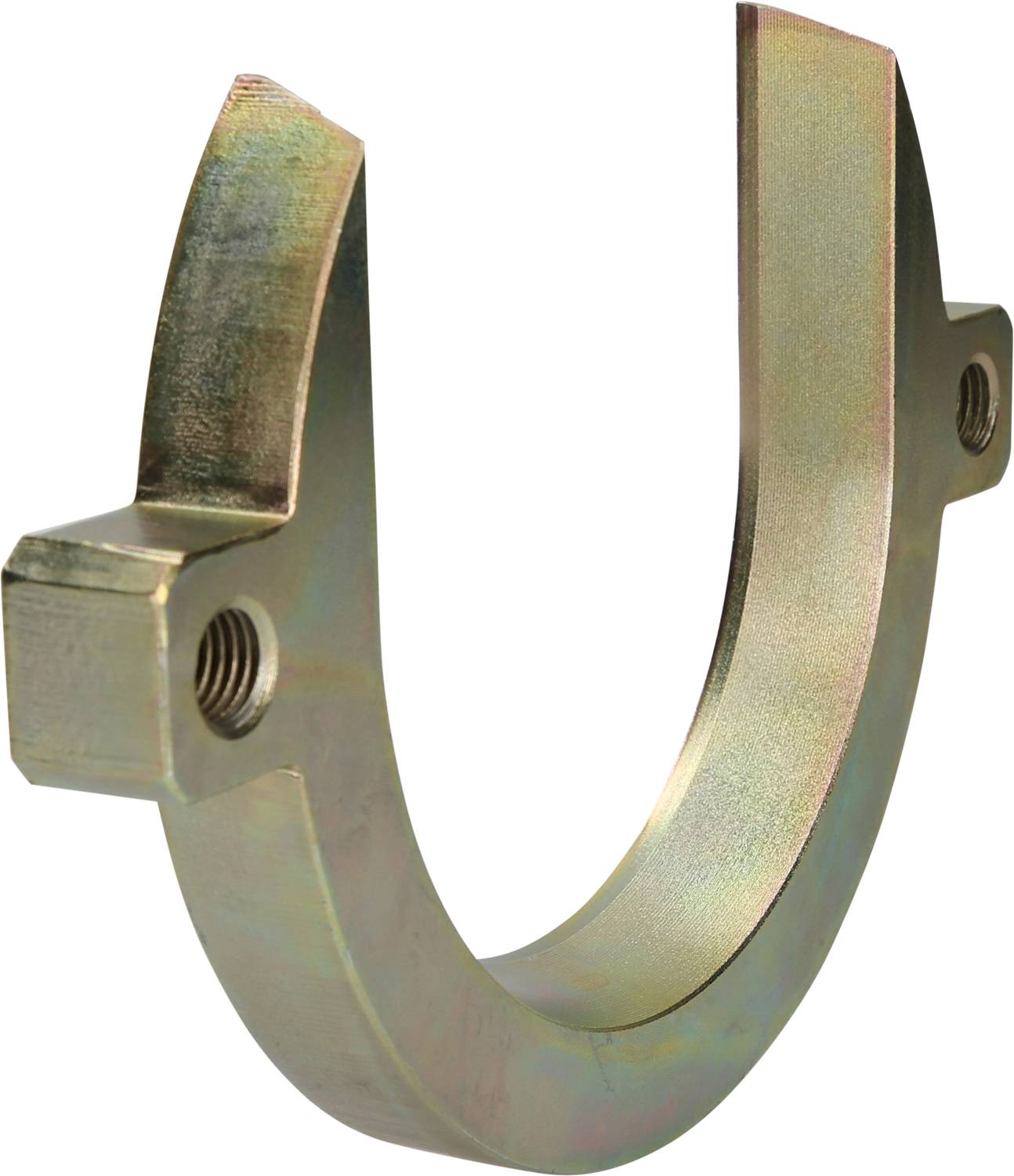Ein metallener Rohrschellenhalter mit zwei Befestigungslöchern, verwendet zur Sicherung von Rohren oder Schläuchen in Montageanwendungen.