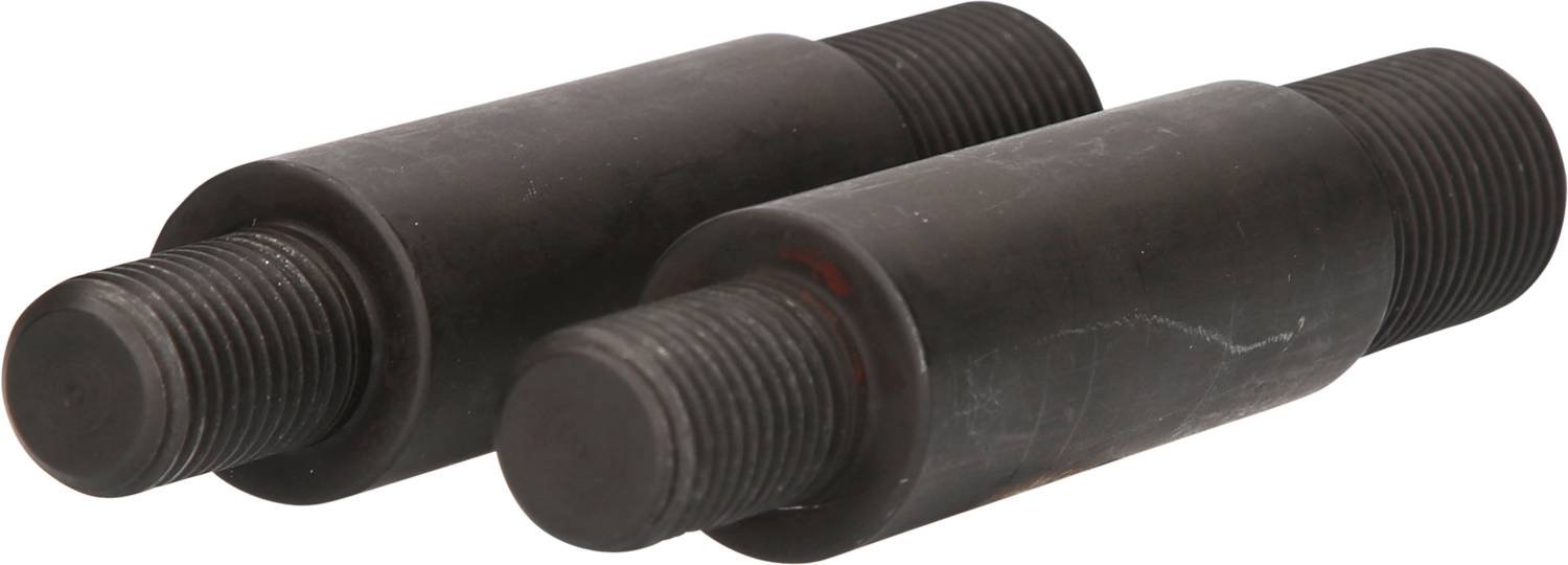 Zwei schwarze, zylindrische Metallbolzen mit Gewinden an beiden Enden liegen parallel nebeneinander.
