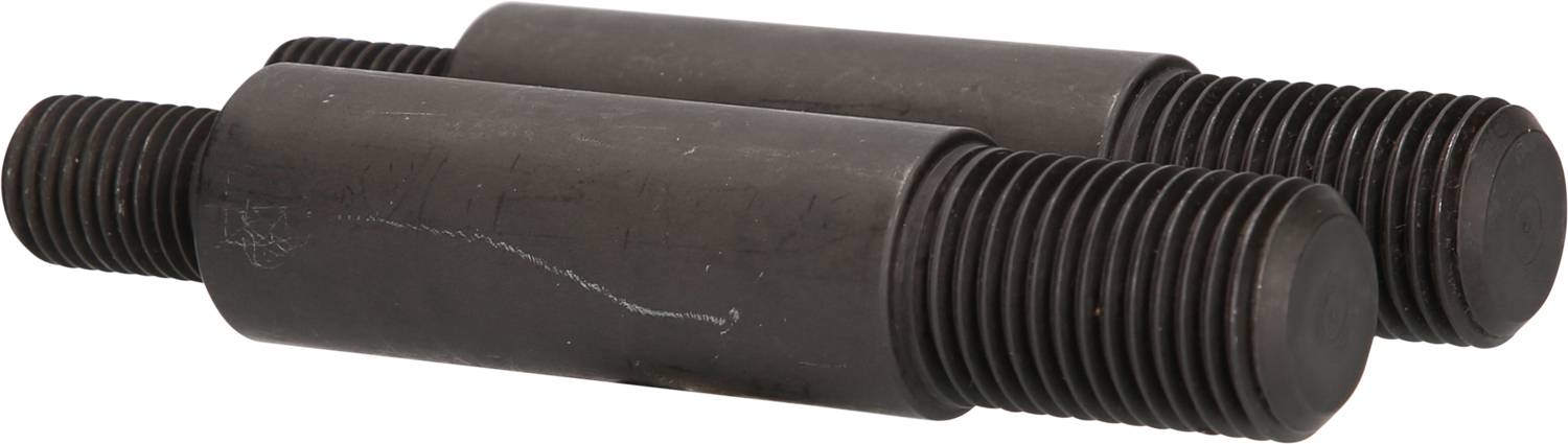 Zwei schwarze zylindrische Metallbolzen mit Gewinden an beiden Enden liegen parallel nebeneinander.