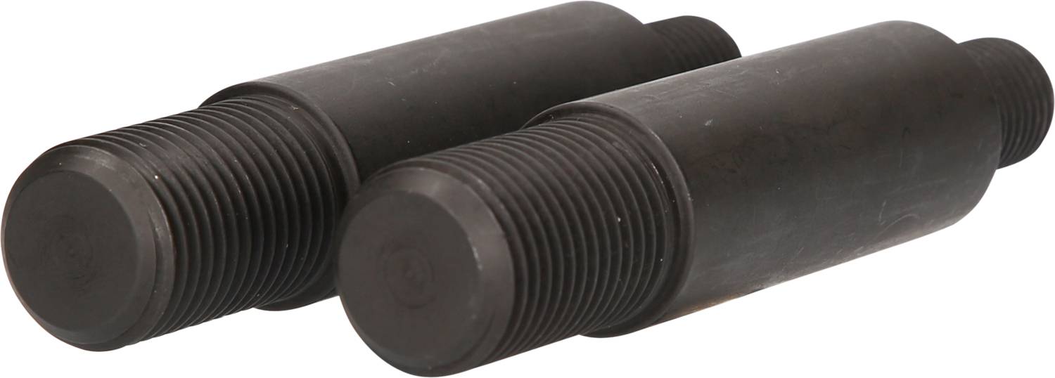 Zwei schwarze, zylindrische Metallteile mit Gewinde an beiden Enden liegen nebeneinander. Sie könnten als Achsen oder Bolzen dienen.