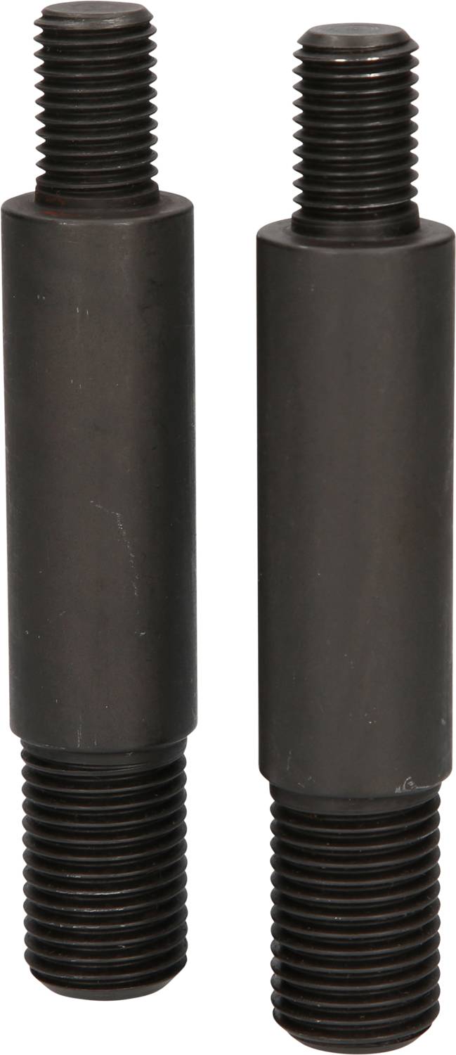 Zwei schwarze zylindrische Metallbauteile mit Gewinde an beiden Enden. Die Teile sind nebeneinander angeordnet.