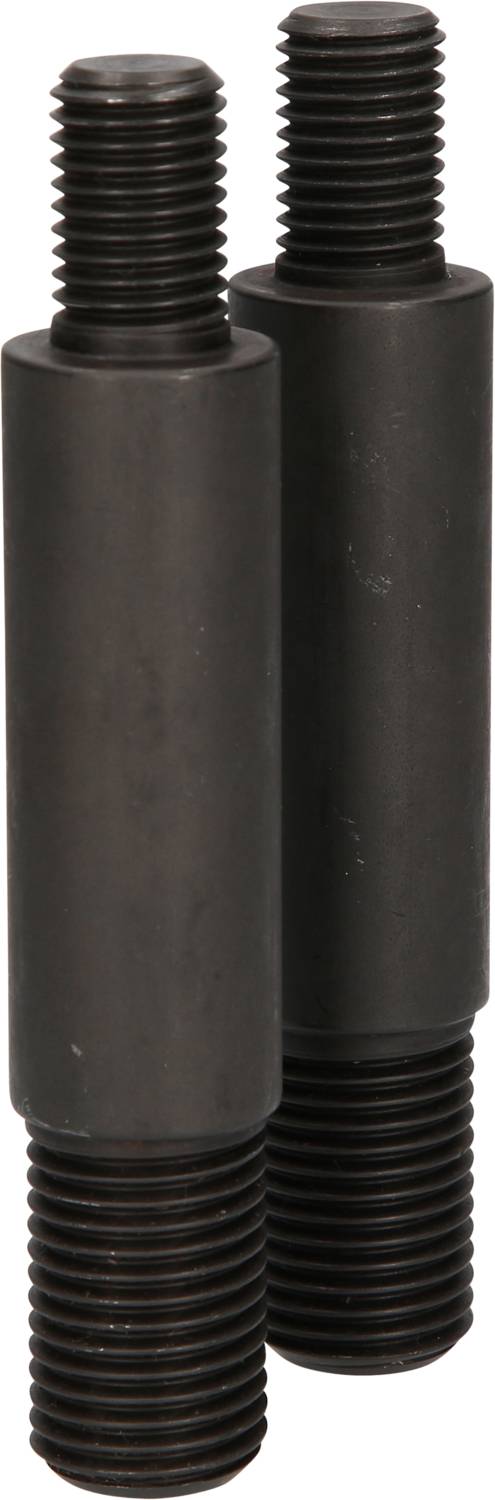 Zwei schwarze Metallbolzen mit Gewinde an beiden Enden. Sie stehen nebeneinander und sind für mechanische oder konstruktive Anwendungen geeignet.