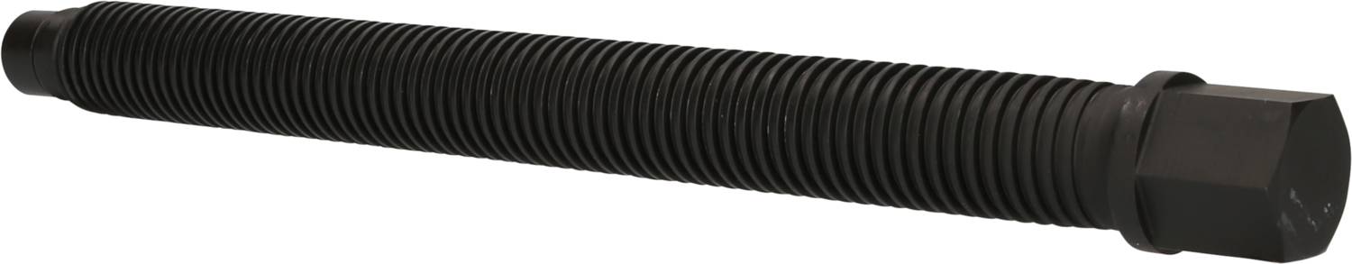 Langes schwarzes Bauteil mit durchgängigen Gewinden, an einem Ende ein sechseckiger Kopf. Möglicherweise eine Schraube oder Spindel.