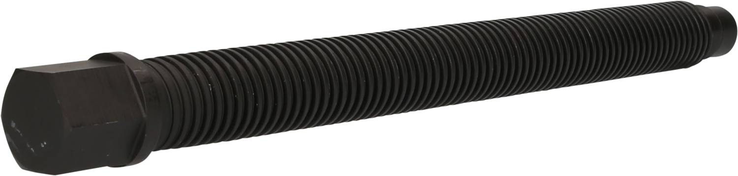 Schwarze, gewindete Schraube mit sechseckigem Kopf in Nahaufnahme, auf weißem Hintergrund liegend.