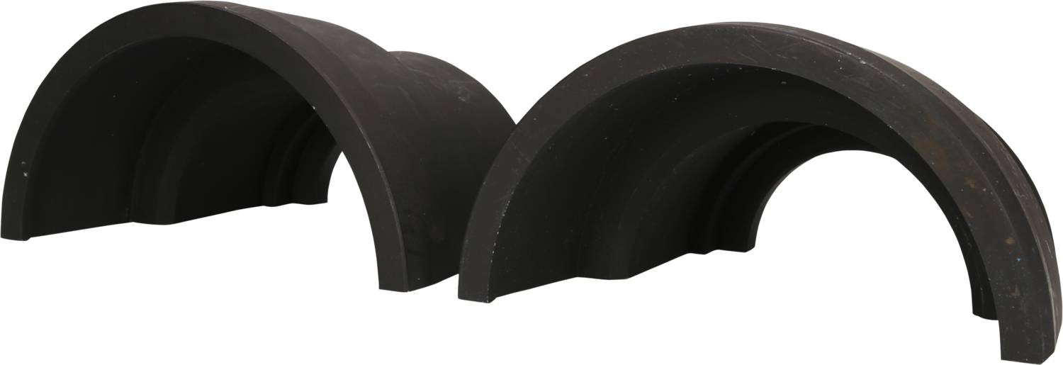 Zwei schwarze, gebogene Halbkreisformen, die möglicherweise als Bauteile oder Abdeckungen dienen.