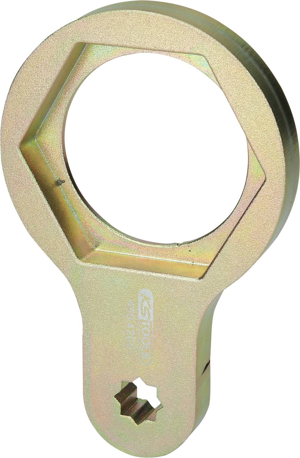 Ein goldfarbener Ringschlüssel mit einer sechseckigen Öffnung und einer kleineren sternförmigen Öffnung am Griff.