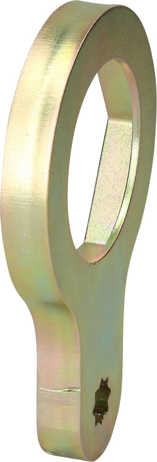 Ein ovaler, metallischer Schlüssel mit langem Griff. Das Werkzeug hat eine glänzende Oberfläche und ist zur Bedienung von speziellen Geräten gedacht.