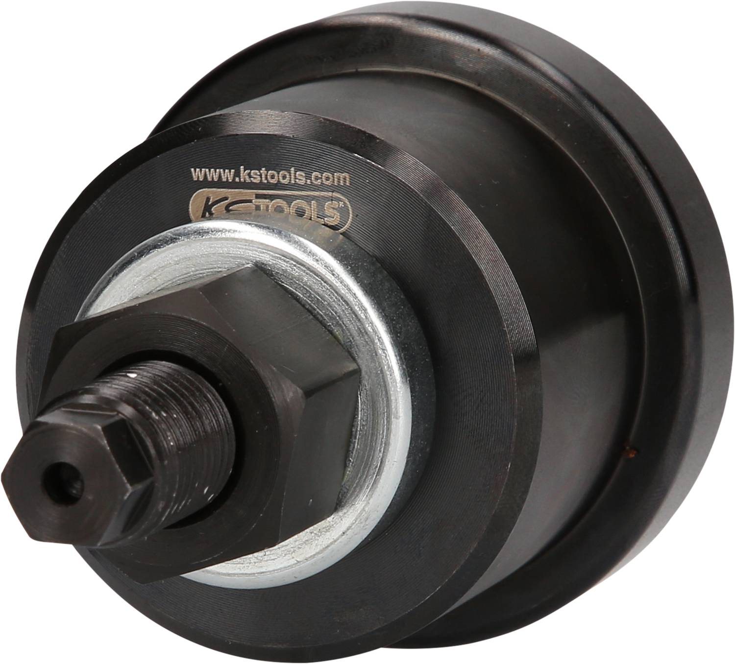 Ein schwarzes Metallwerkzeug mit einer zylindrischen Form und einem Gewinde vorne. Aufschrift: 'www.kstools.com'.