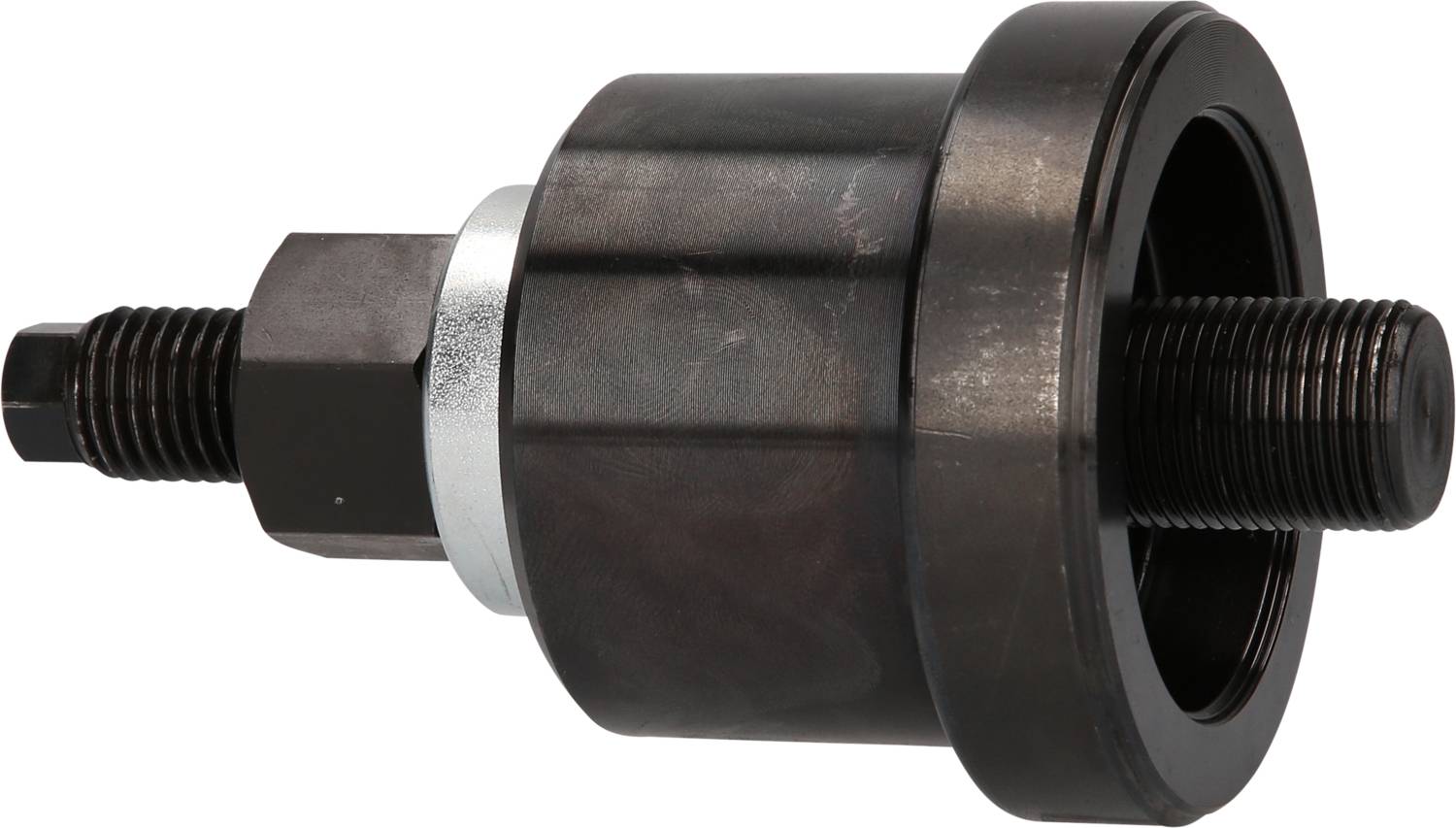 Schwarz-metallisches Werkzeugteil mit Gewinde auf beiden Seiten, zylindrische Form, möglicherweise Teil eines Maschinenbausatzes.