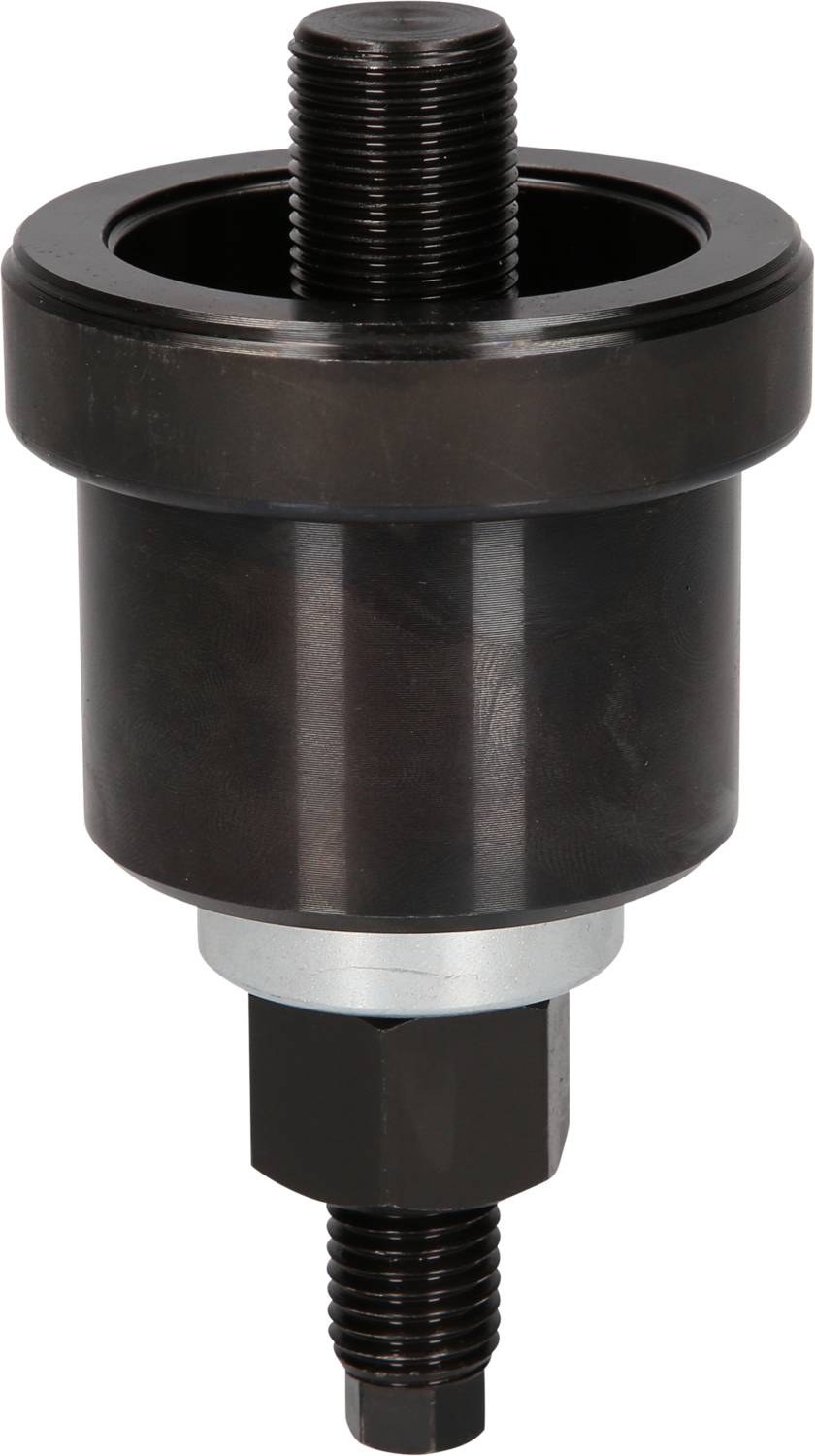 Ein schwarzes Metallwerkzeug mit zwei Gewindebolzen, einem zylinderförmigen Mittelteil und einer runden Öffnung an der Oberseite.