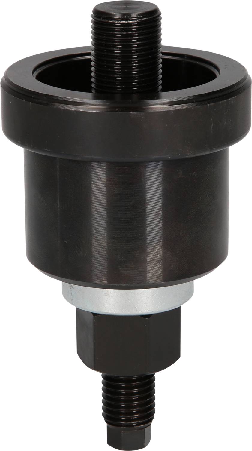 Ein schwarzes Metallwerkzeug mit Schraubgewinde und einem zylindrischen Körper. Möglicherweise ein spezieller Adapter oder Verbinder für Maschinen.