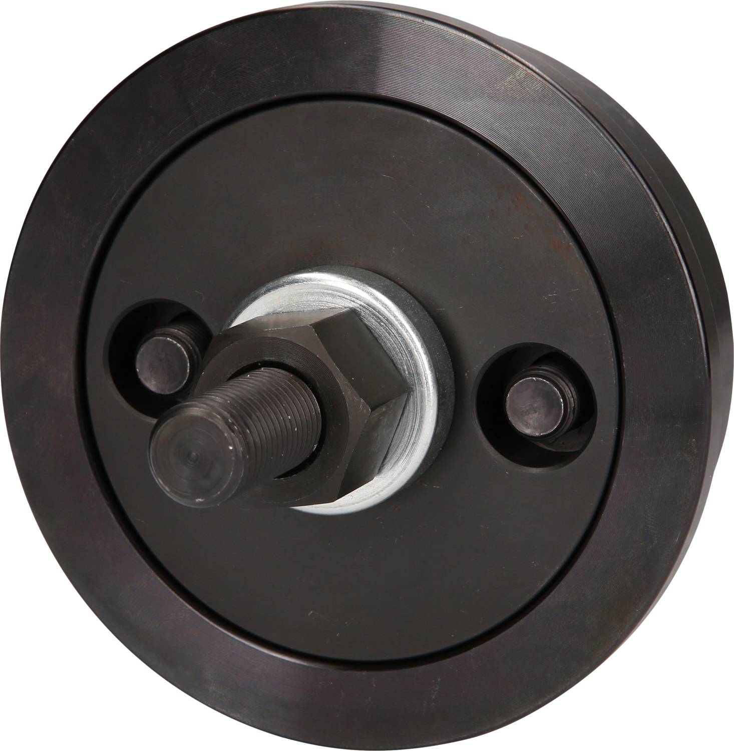 Ein schwarzes Metallwerkzeug mit zentralem Bolzen, zwei seitlichen Schrauben und einer kreisförmigen Platte zur mechanischen Befestigung.