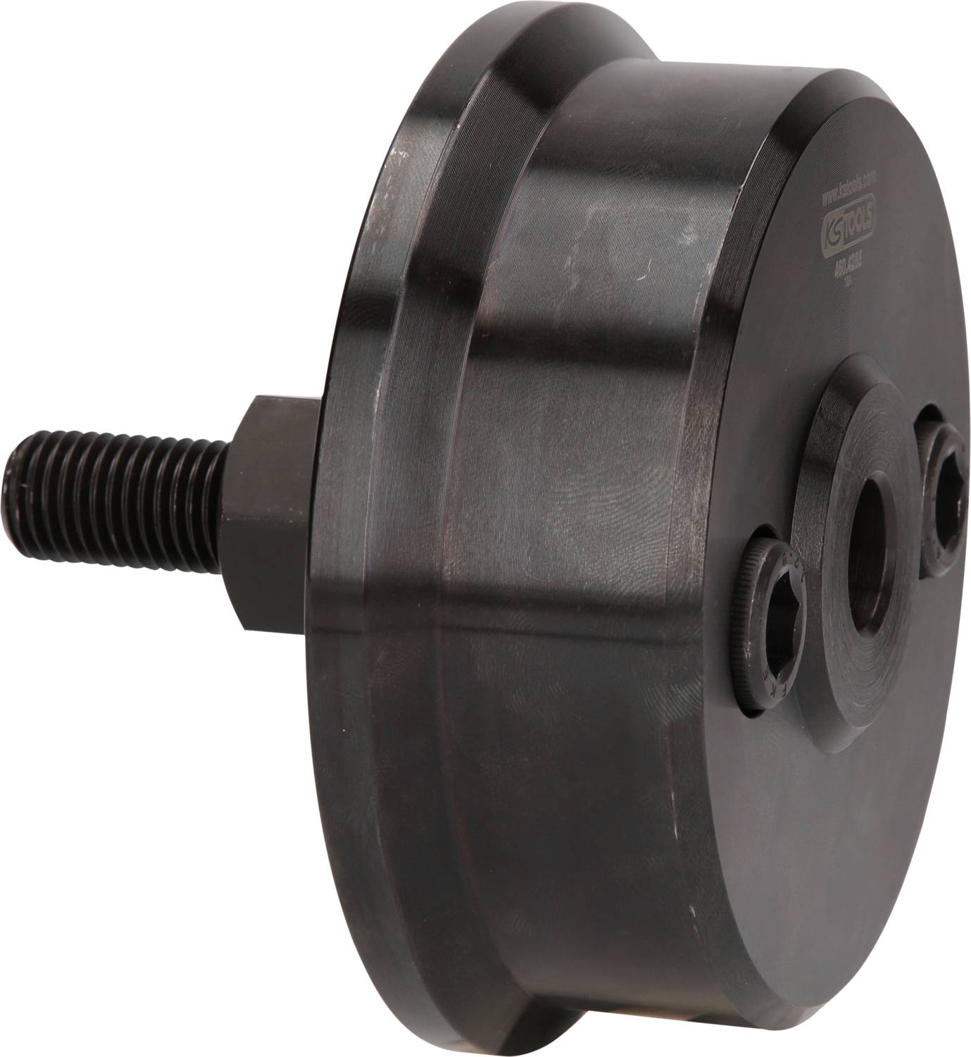 Ein schwarzes, zylindrisches Metallwerkzeug mit Schraubgewinde und zwei seitlichen Löchern, möglicherweise für eine Maschinenmontage.