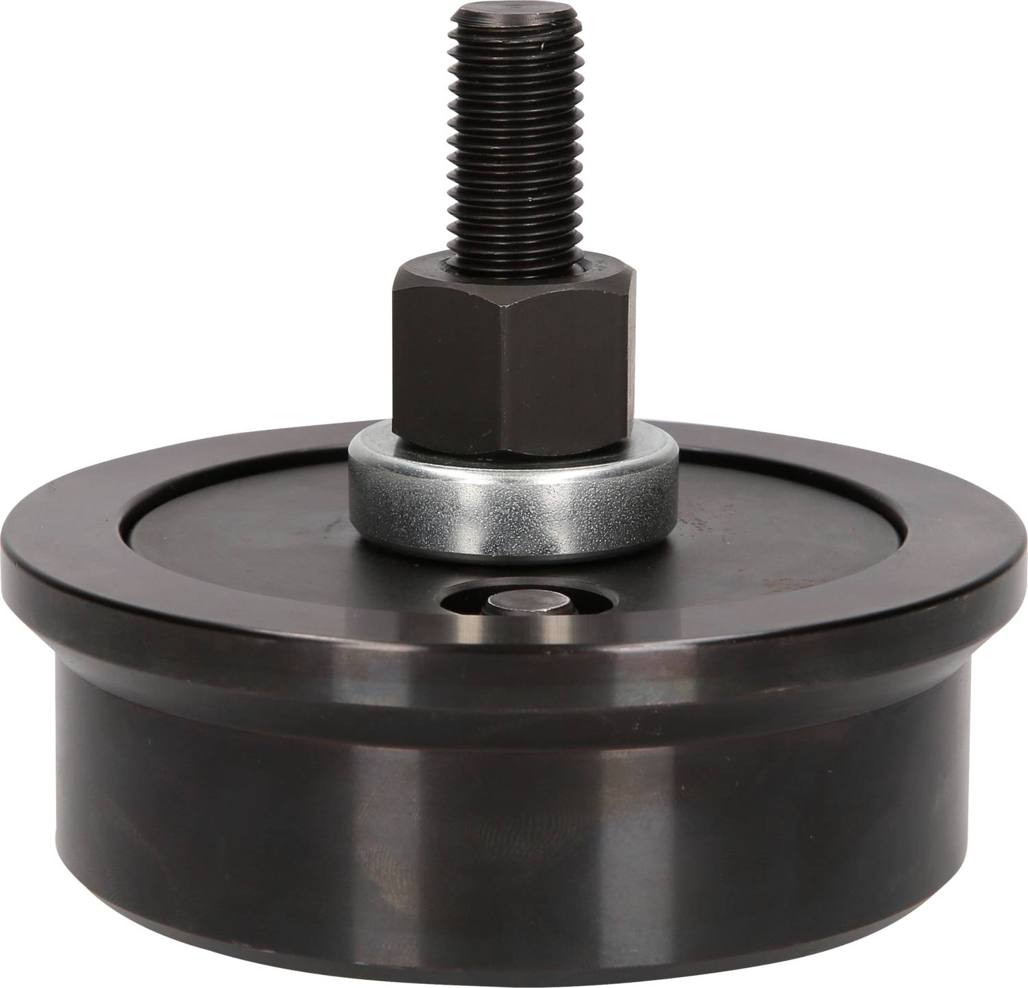 Ein schwarzer Metallhalter mit Gewindebolzen. Verwendet als Werkzeugadapter oder Befestigungselement.