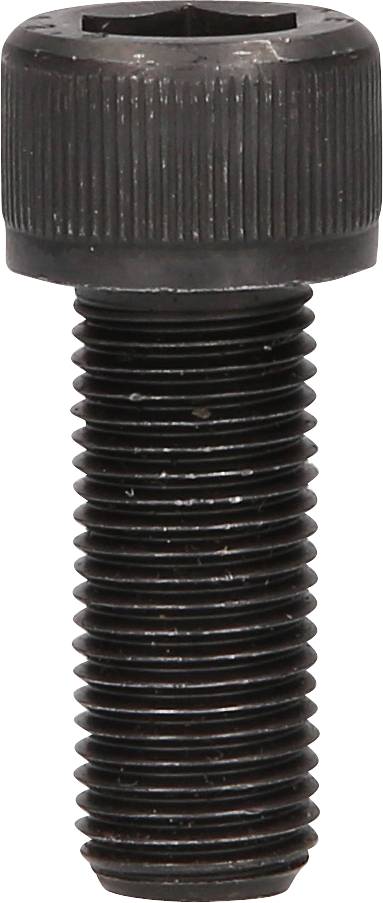 Eine schwarze Sechskantschraube mit geriffeltem Kopf und Gewinde, geeignet für mechanische Verbindungen.