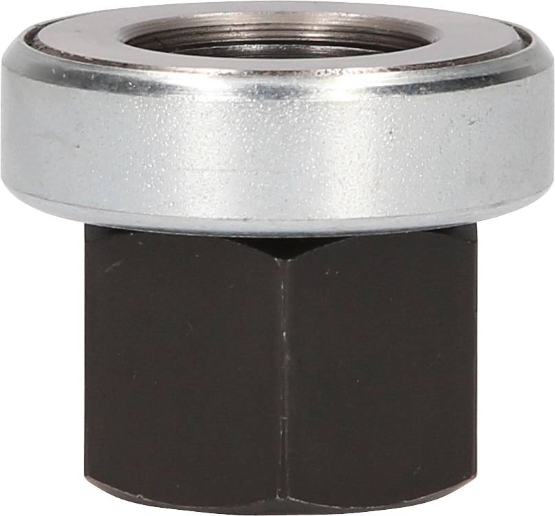 Sechskantmutter mit integriertem Lager, aus schwarzem und silbernem Metall; dient zur Befestigung von Maschinenteilen.