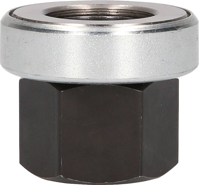 Ein silberner, metallischer Adapter mit sechskantiger Basis und gewindeter Öffnung an der Oberseite, geeignet für Werkzeuge oder Maschinen.