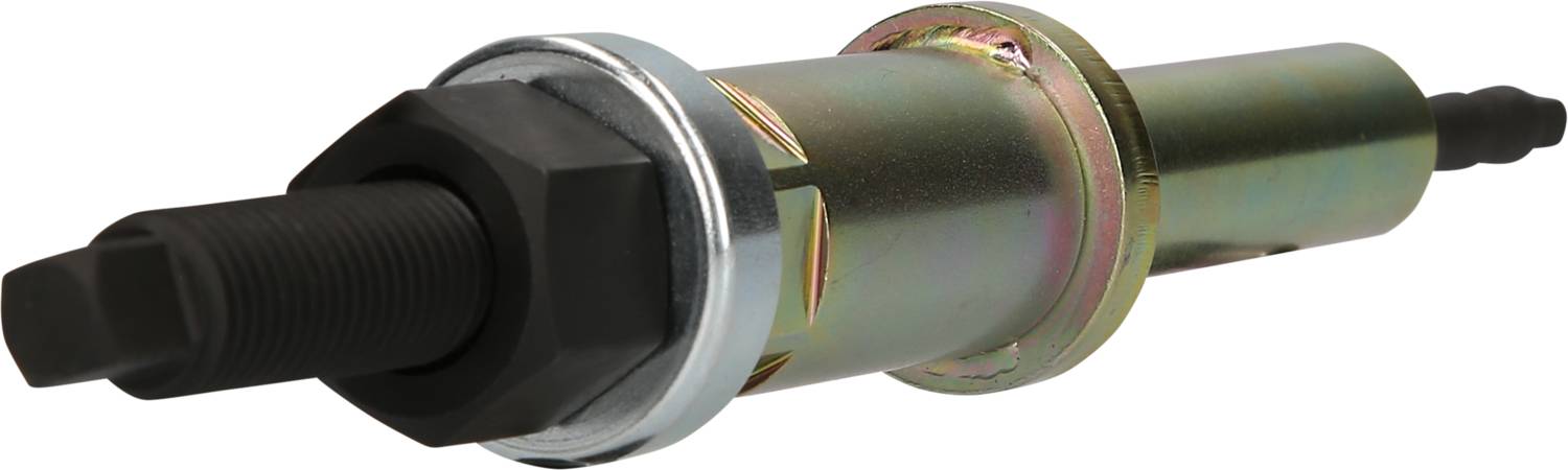 Metallischer Zylinder mit Schraubgewinde und Verschraubung, möglicherweise ein Werkzeug oder Maschinenteil, diagonale Ansicht.