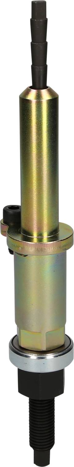 Metallischer Hydraulikzylinder mit mehreren Abschnitten und einem geriffelten Schlauchanschluss.