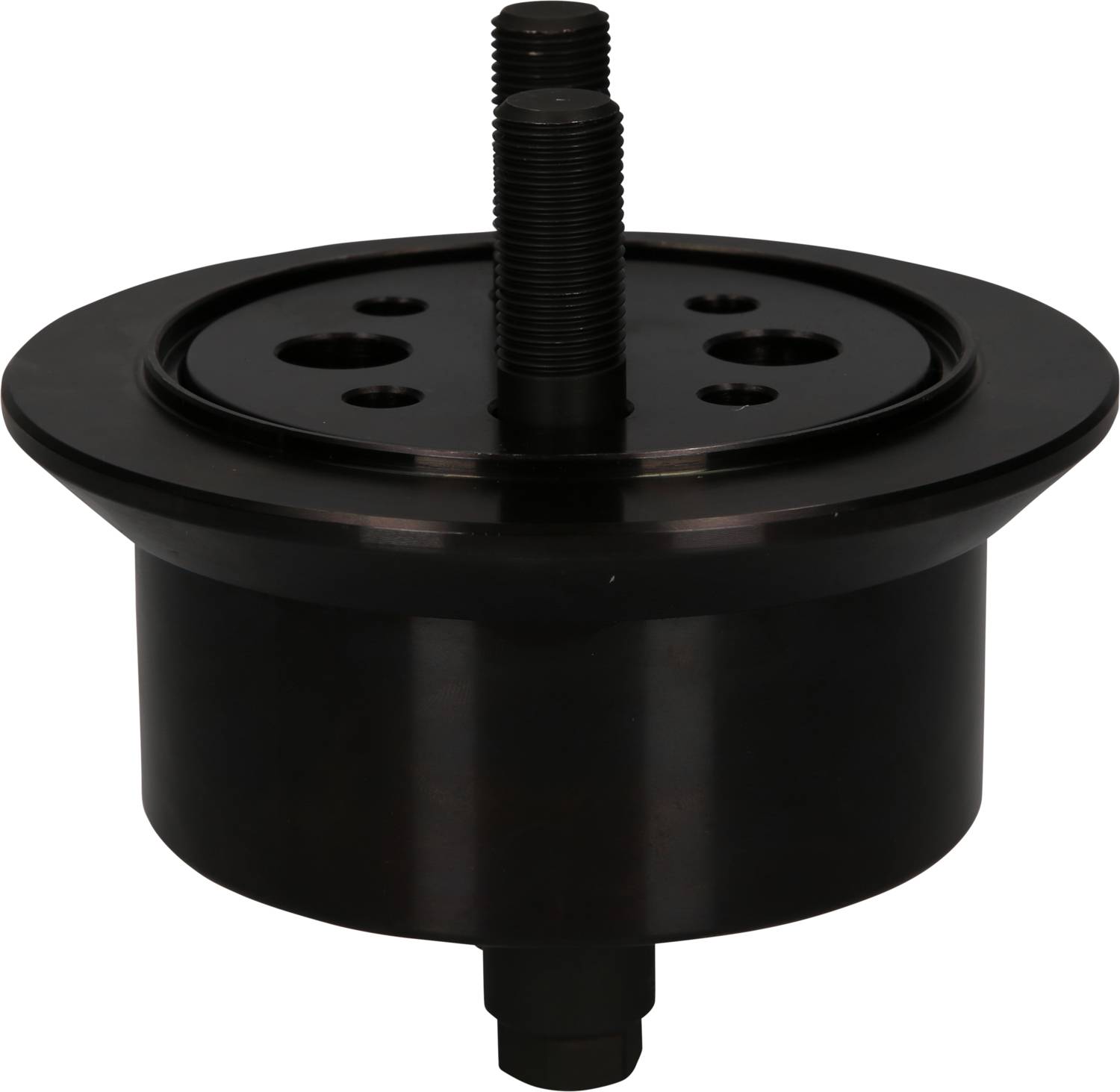 Ein schwarzes Metallteil mit zylindrischer Form und zwei herausragenden Schrauben, wahrscheinlich ein Maschinenelement oder Adapter.
