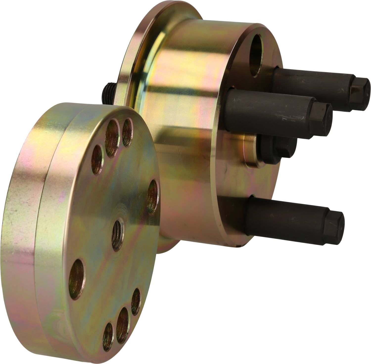Zwei metallische Flansche mit Bolzen, die zur Verbindung von Rohren oder Geräten verwendet werden können. Einer steht, der andere liegt.