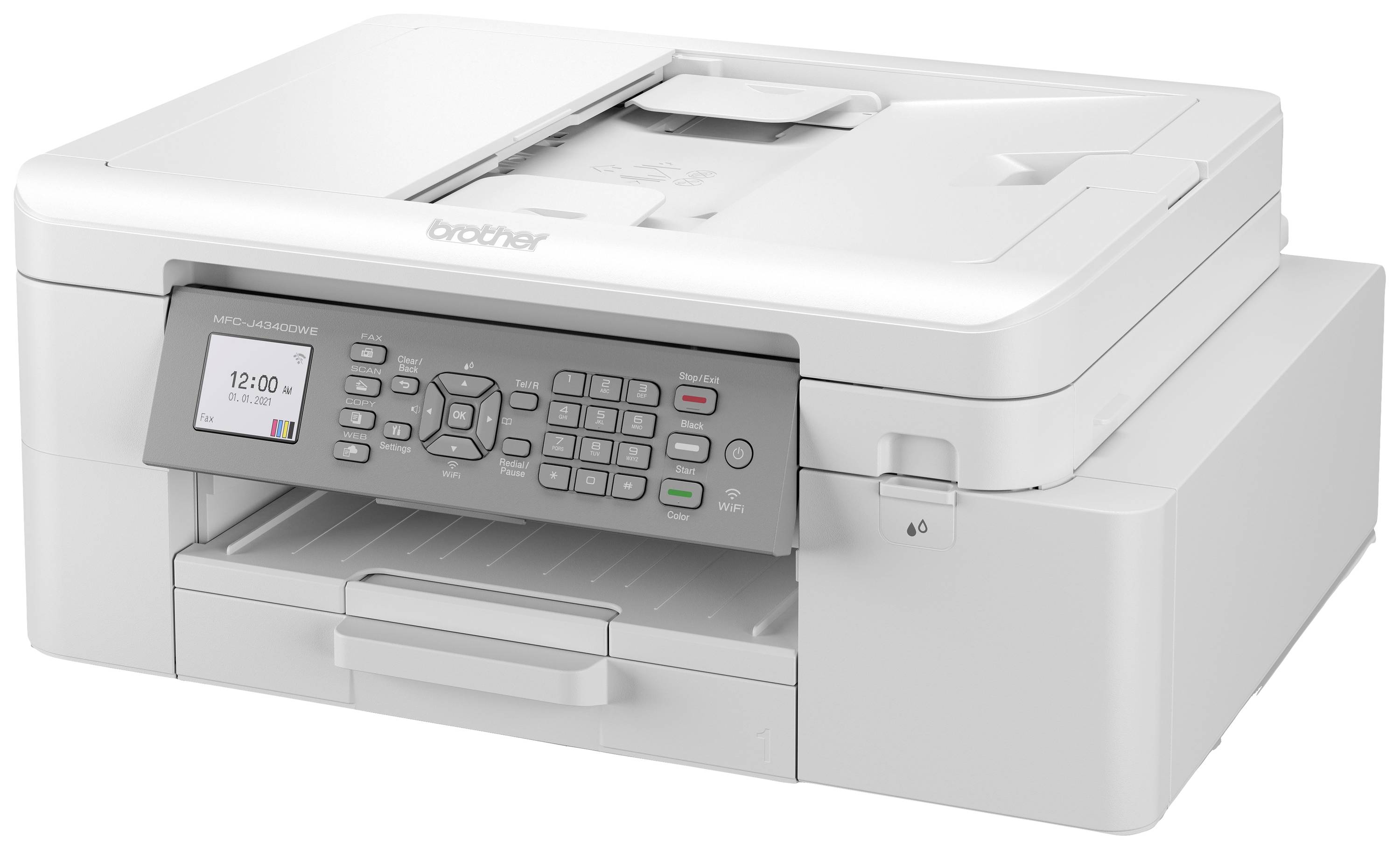 Ein weißer Multifunktionsdrucker mit Tastenfeld und digitalem Bildschirm. Gedrucktes Papier ist im Ausgabefach sichtbar.