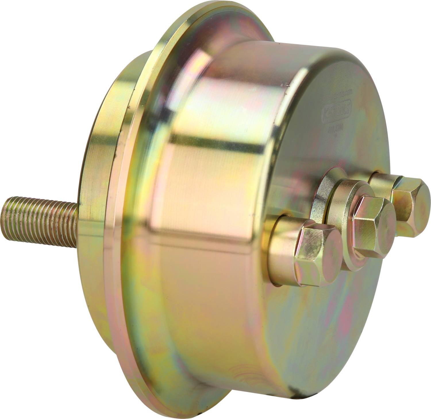 Ein metallischer Adapter mit Schraubaufsatz, der für technische Verbindungen verwendet wird. Glänzende Oberfläche mit mehreren Bolzen.