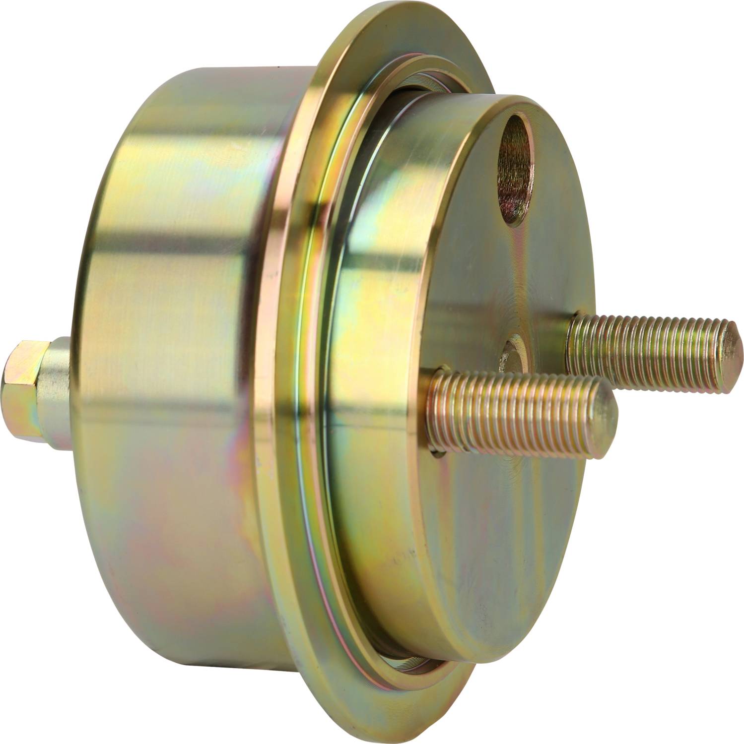 Metallteil mit zylindrischer Form, zwei herausragende Gewindeschrauben, ein Bolzenende. Technisches Bauteil, wahrscheinlich mechanisch.