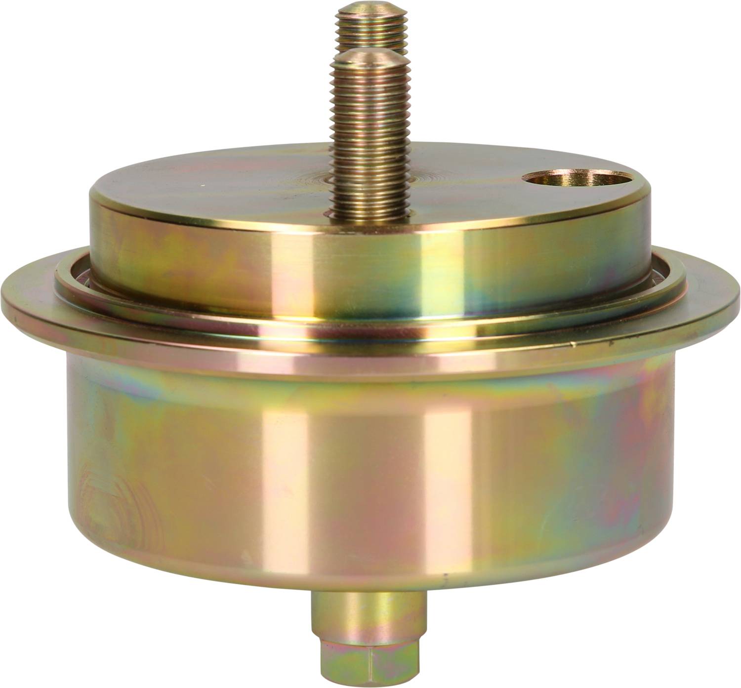 Ein mechanisches Metallteil mit einem hervorstehenden Gewinde oben und einer kreisförmigen Basis, verwendet für industrielle Anwendungen.