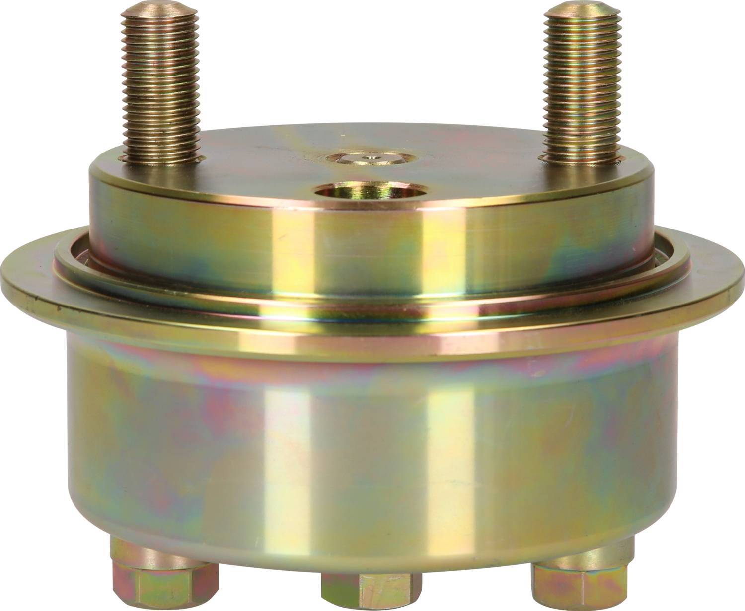 Metallteil mit zwei hervorstehenden Bolzen und vier unteren Schraubanschlüssen, möglicherweise Teil eines mechanischen Geräts.