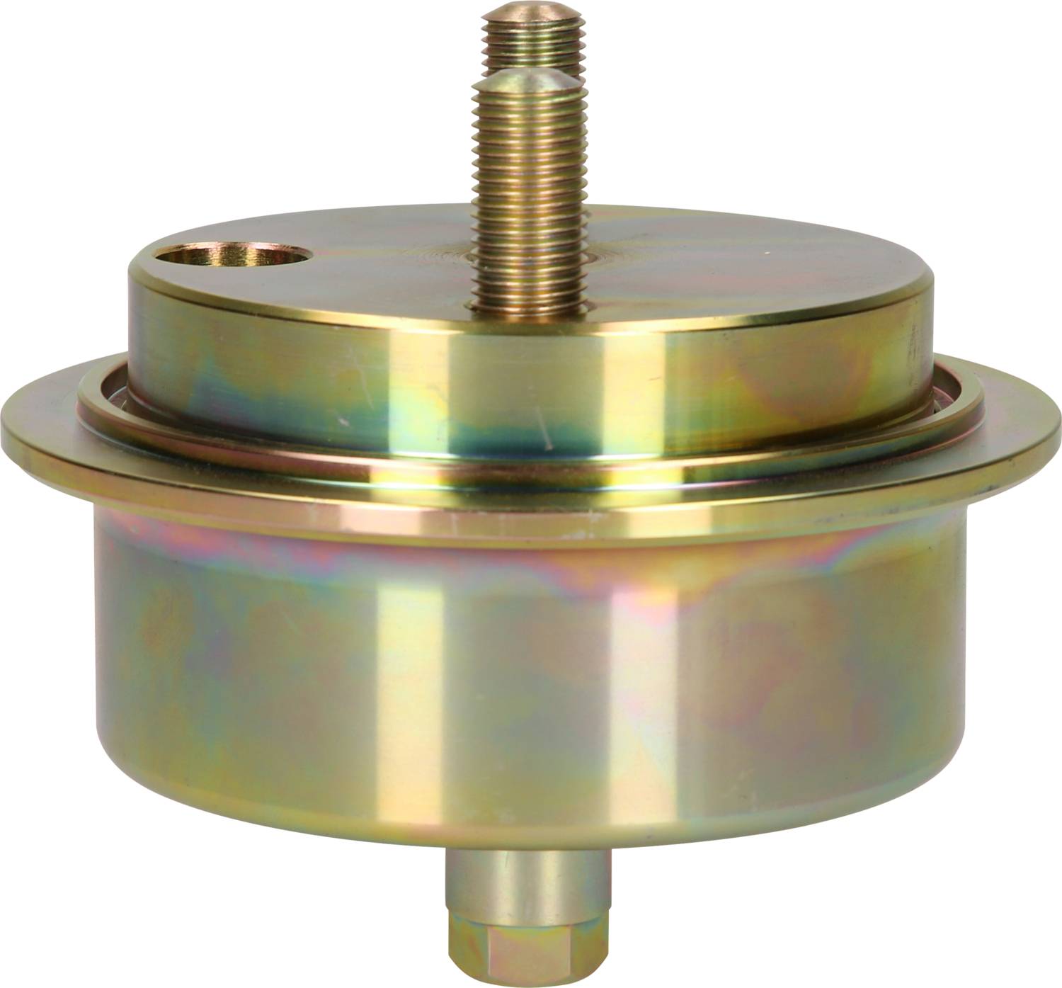 Runder Metallbehälter mit Schraube und Loch oben, glänzende goldene Oberfläche, möglicherweise ein Maschinenteil.