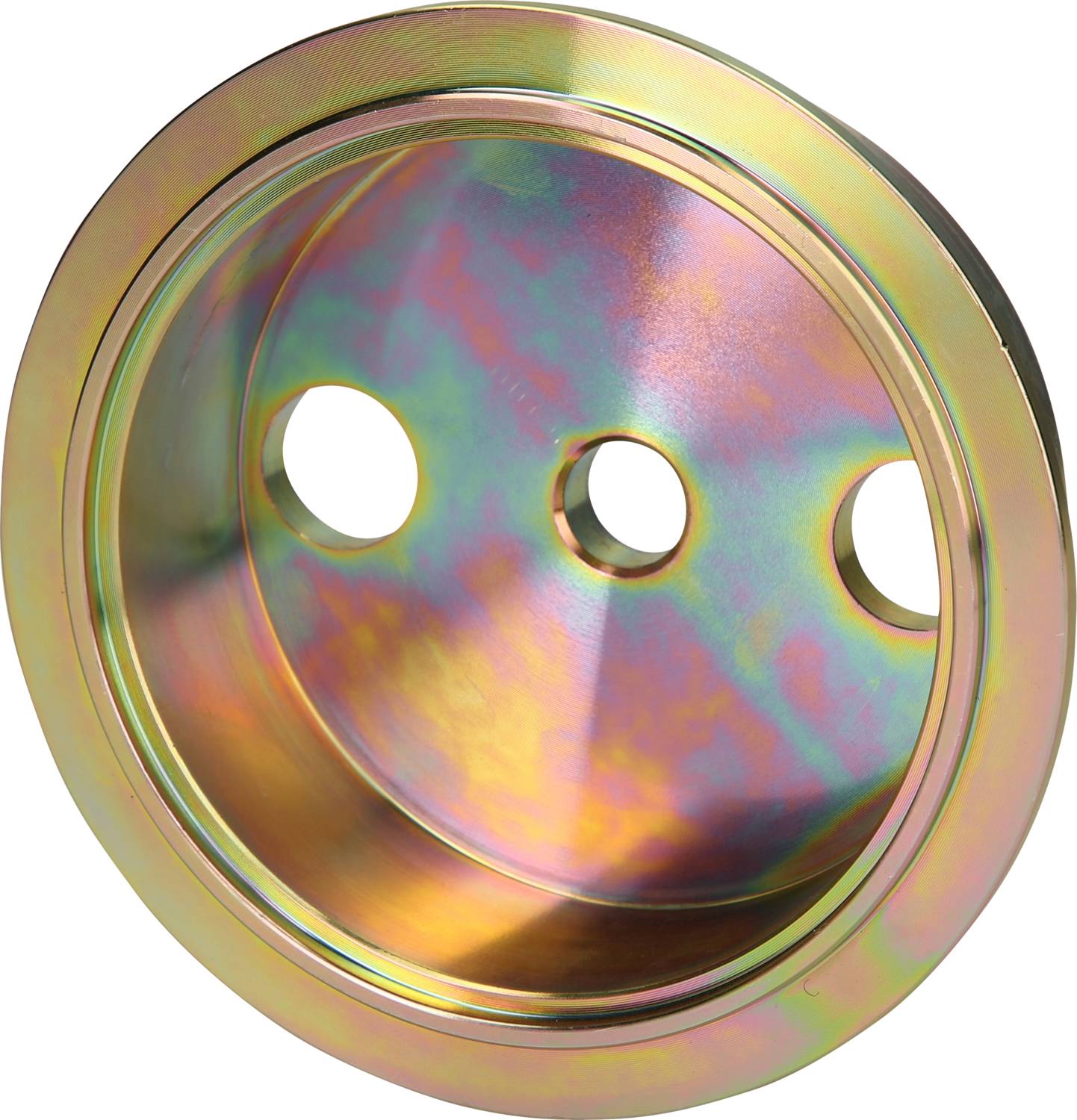 Eine metallische, regenbogenfarbene Scheibe mit drei runden Löchern in der Mitte, auf einer weißen Hintergrundfläche.