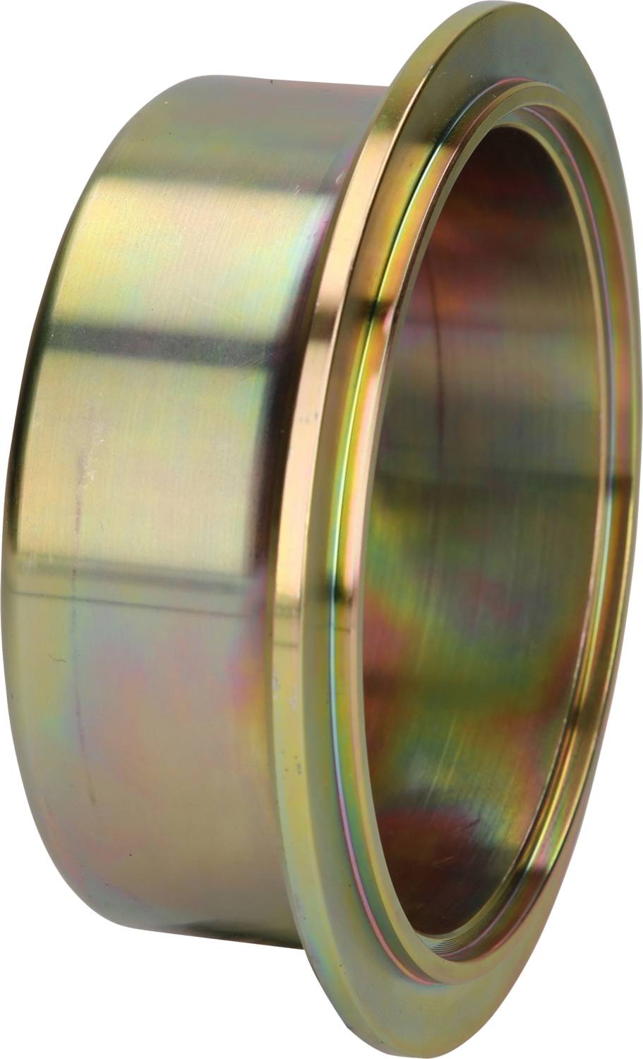 Metallisches, runden Bauteil mit breitem Rand und reflektierender, schillernder Oberfläche.