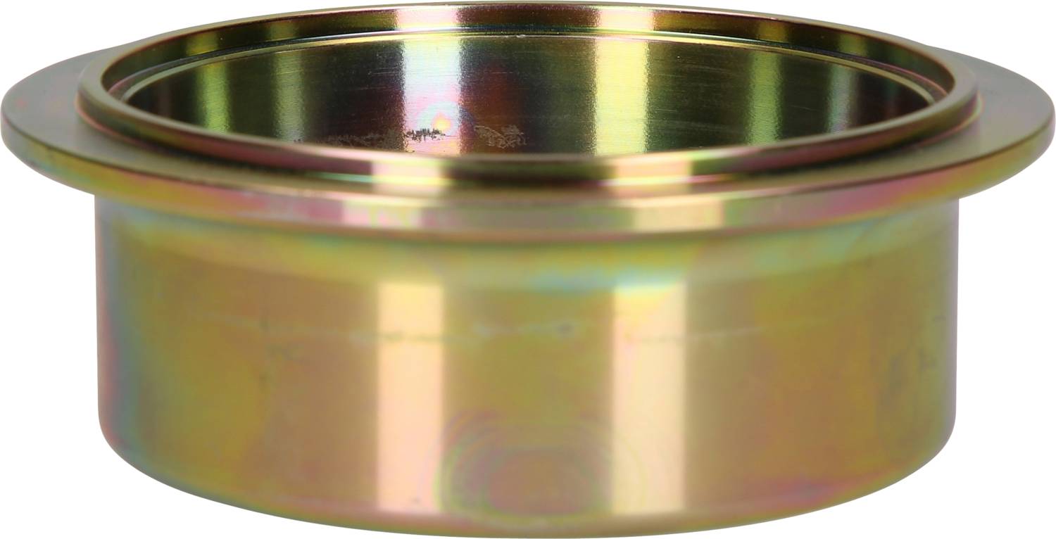 Rundes Metallstück, das wie ein Deckel oder Stopfen aussieht, aus glänzendem Metall mit leichtem Regenbogeneffekt auf der Oberfläche.