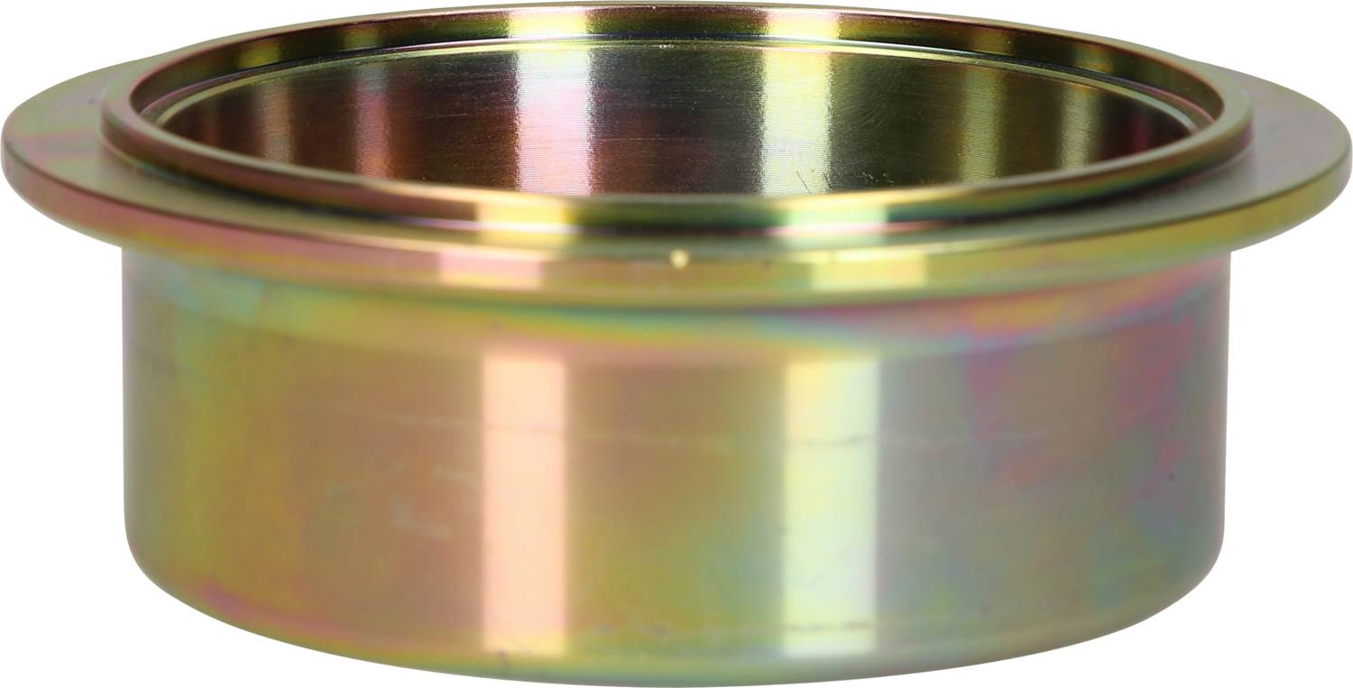 Metallischer Zylinder mit einer glatten Kante, in einem schillernden Farbmuster.