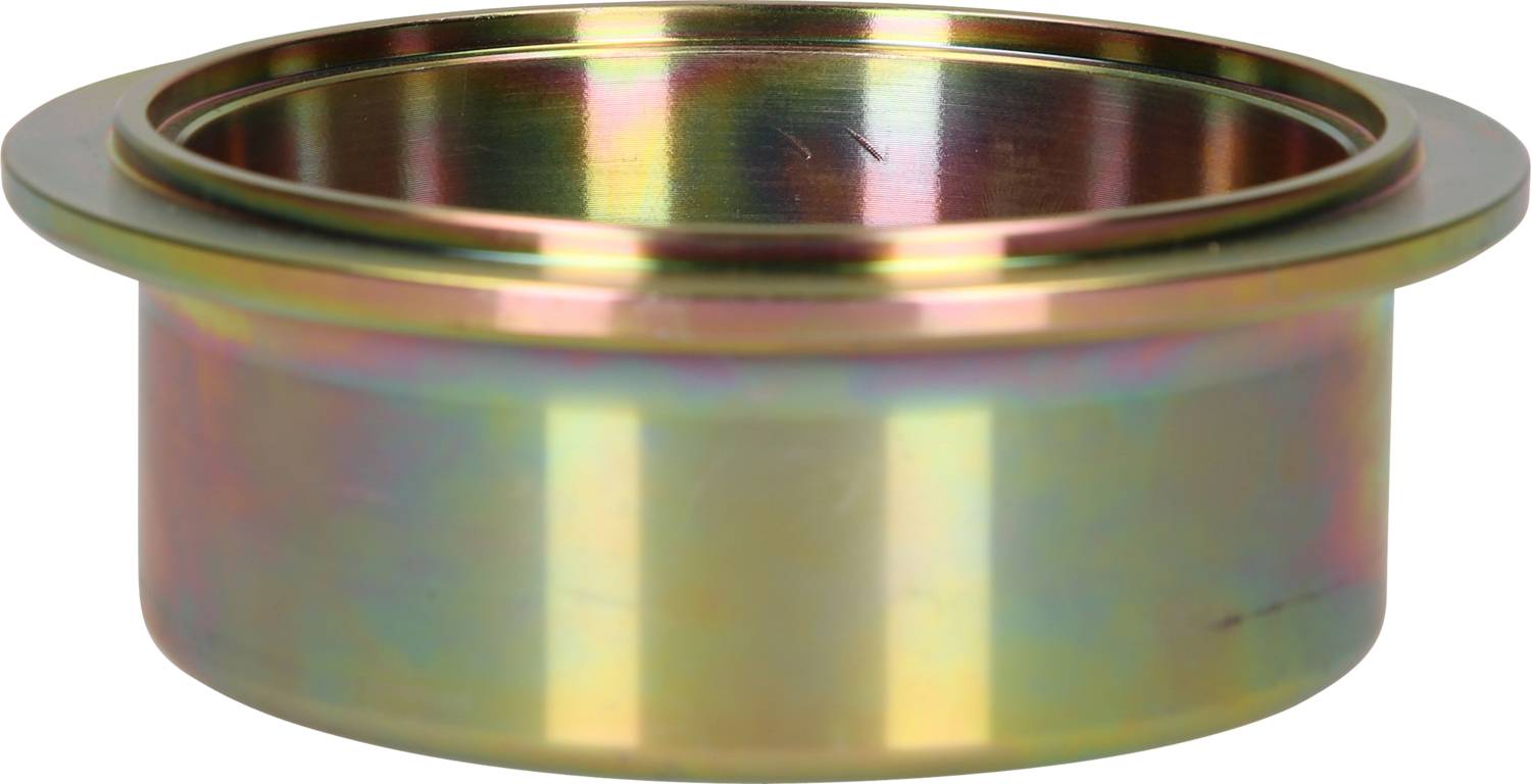 Ein schimmernder, runder Metallring mit flacher Kante, vor einem weißen Hintergrund, zeigt regenbogenfarbene Reflexionen.