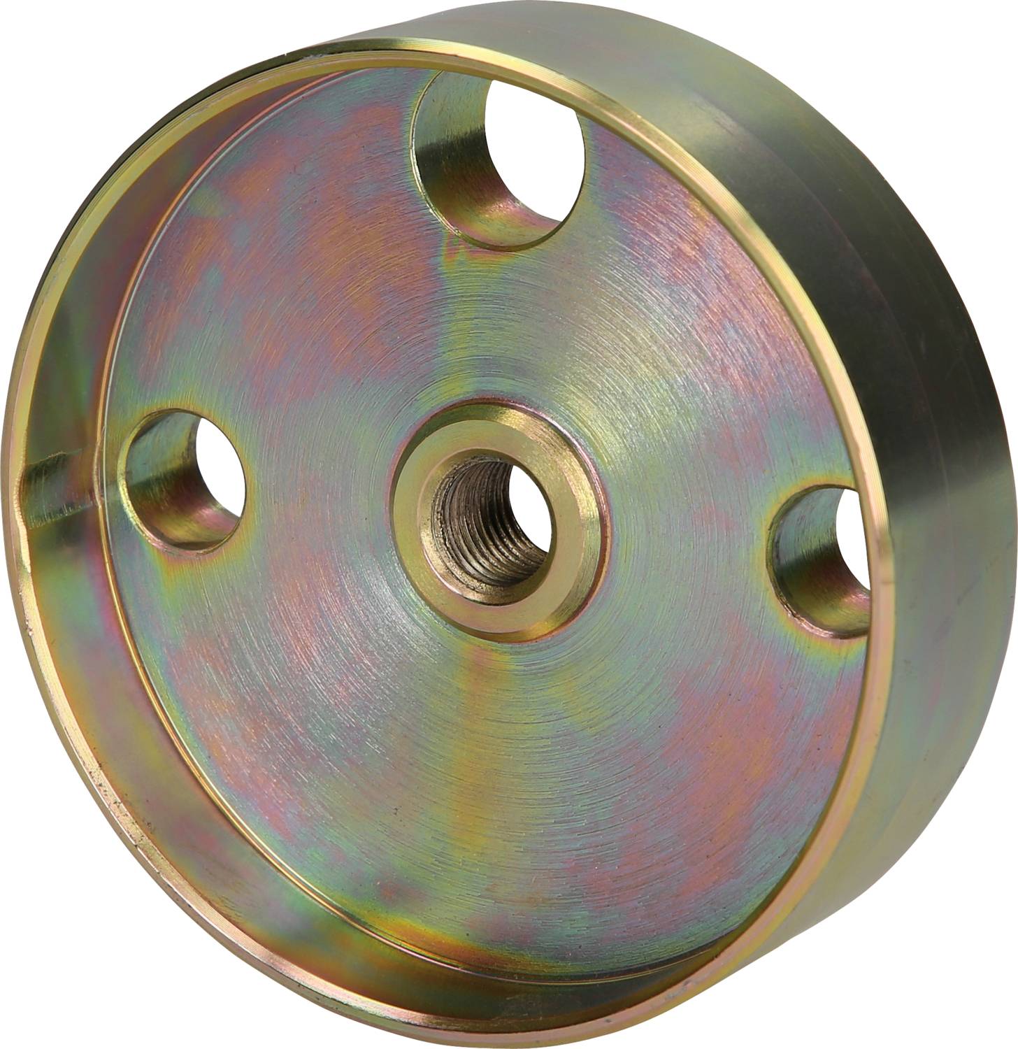 Ein rundes, metallisches Maschinenteil mit vier großen Löchern und einem zentralen Gewinde. Die Oberfläche hat einen regenbogenfarbigen Schimmer.