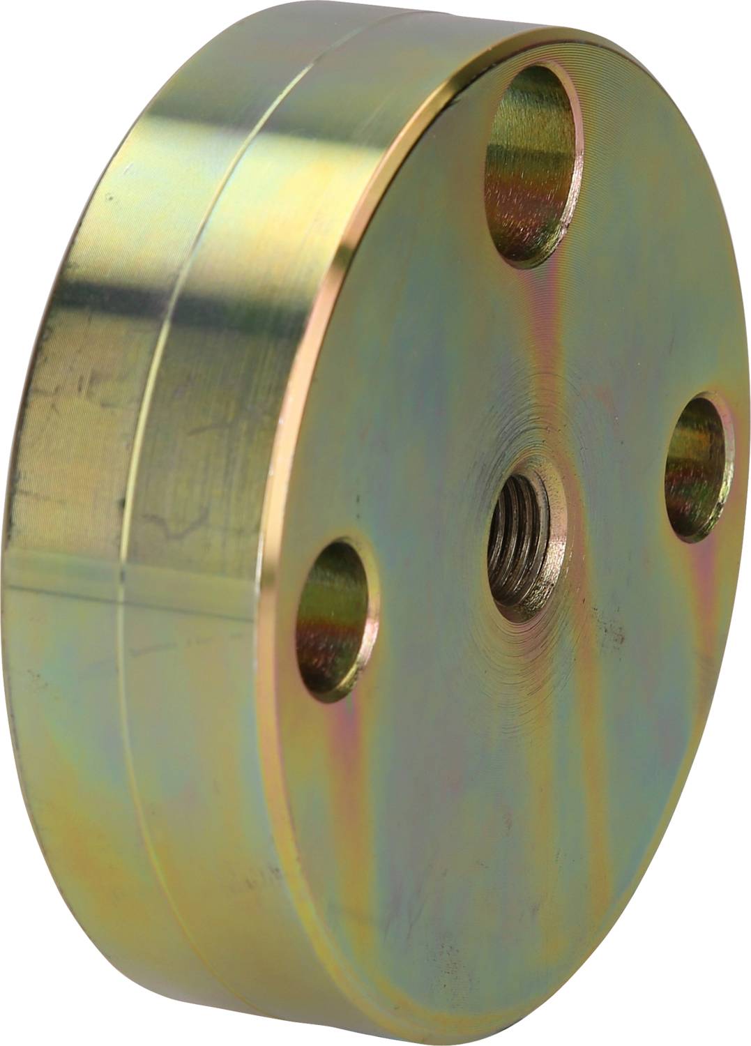 Metallscheibe mit drei Bohrungen und einer zentralen Gewindebohrung. Die Oberfläche ist glänzend und hat einen goldenen Farbton.