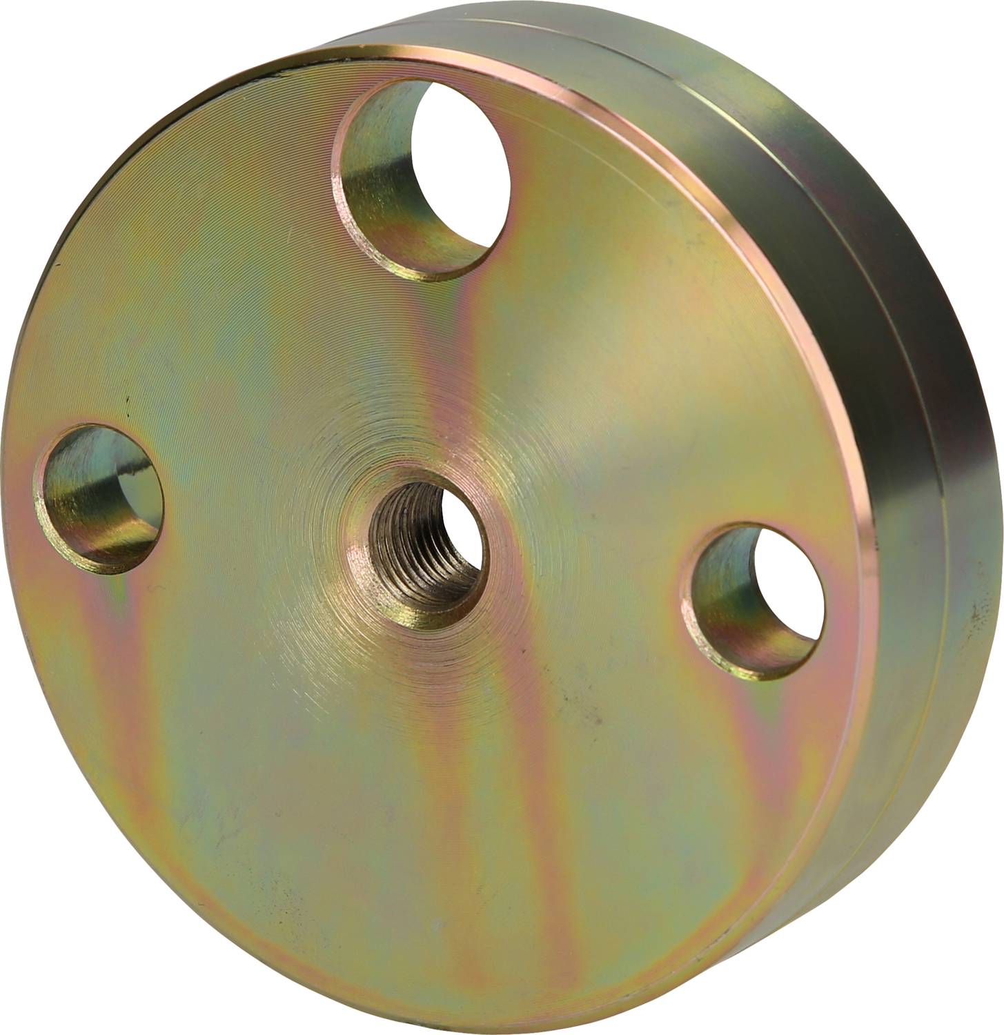 Runde Metallplatte mit vier Bohrlöchern und einem zentralen Gewindeloch, geeignet für mechanische oder industrielle Befestigungen.