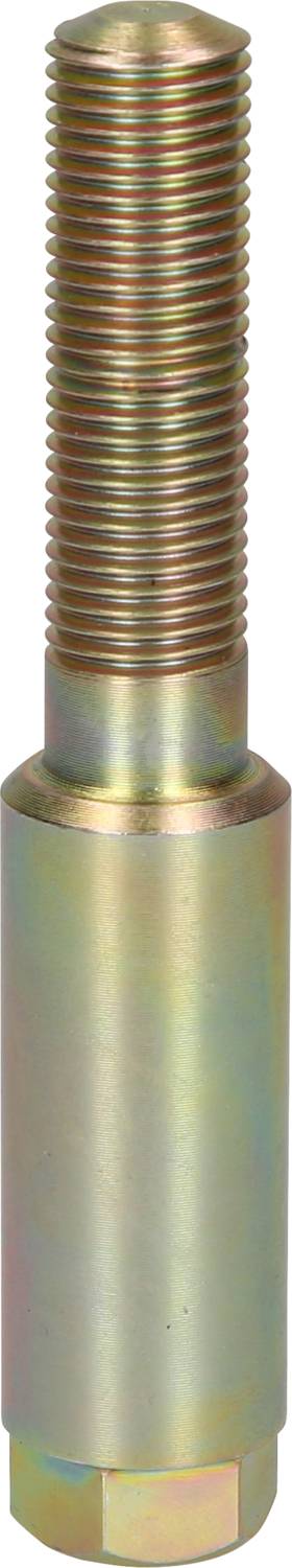 Ein silberner Metallbolzen mit Gewindeoberteil, zylindrischem Mittelstück und sechseckigem Fuß. Verwendet für mechanische Befestigungen.